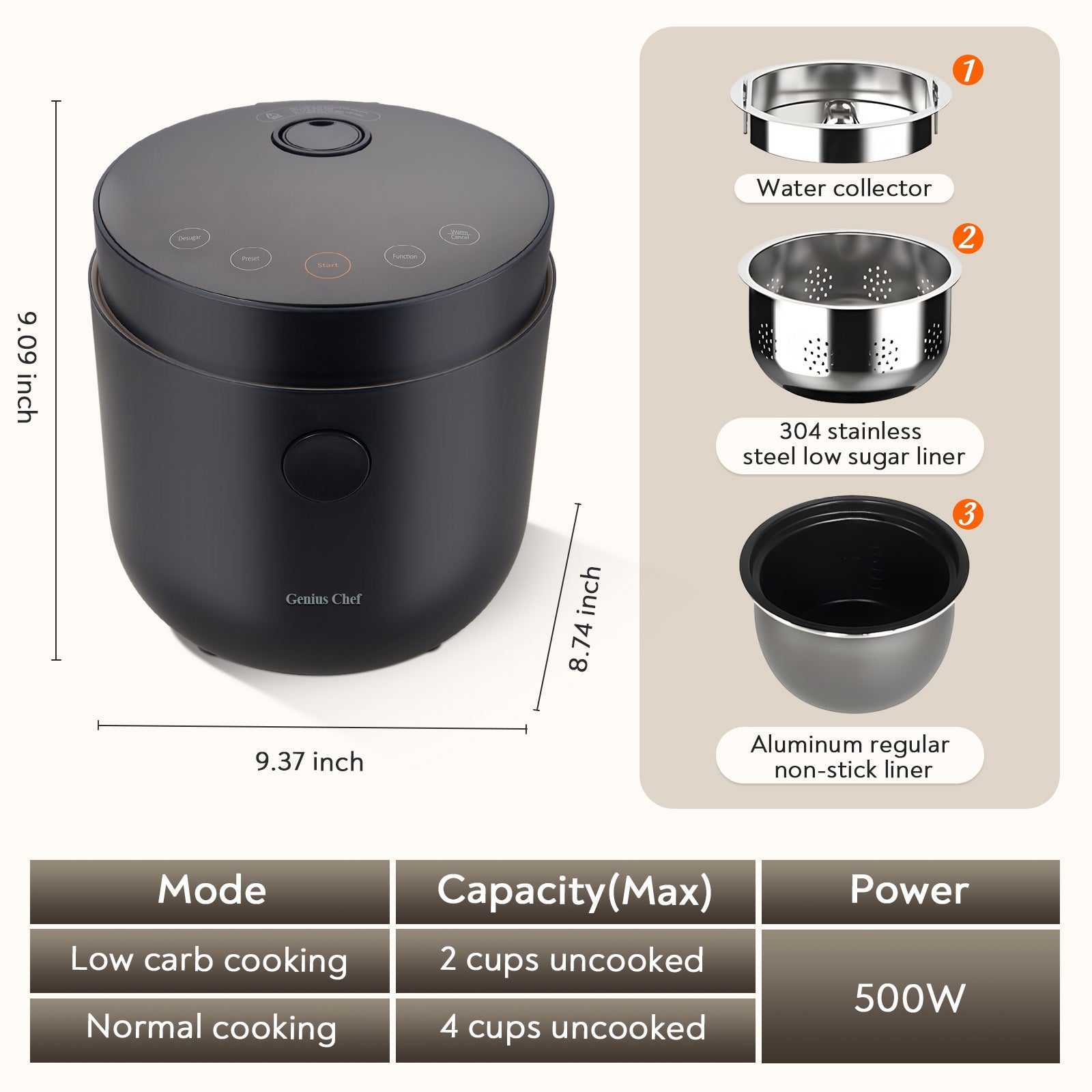 Genius Chef Carb Sugar Rice Cooker 2 Cups Uncooked and 4 Cups of Regular Cooking